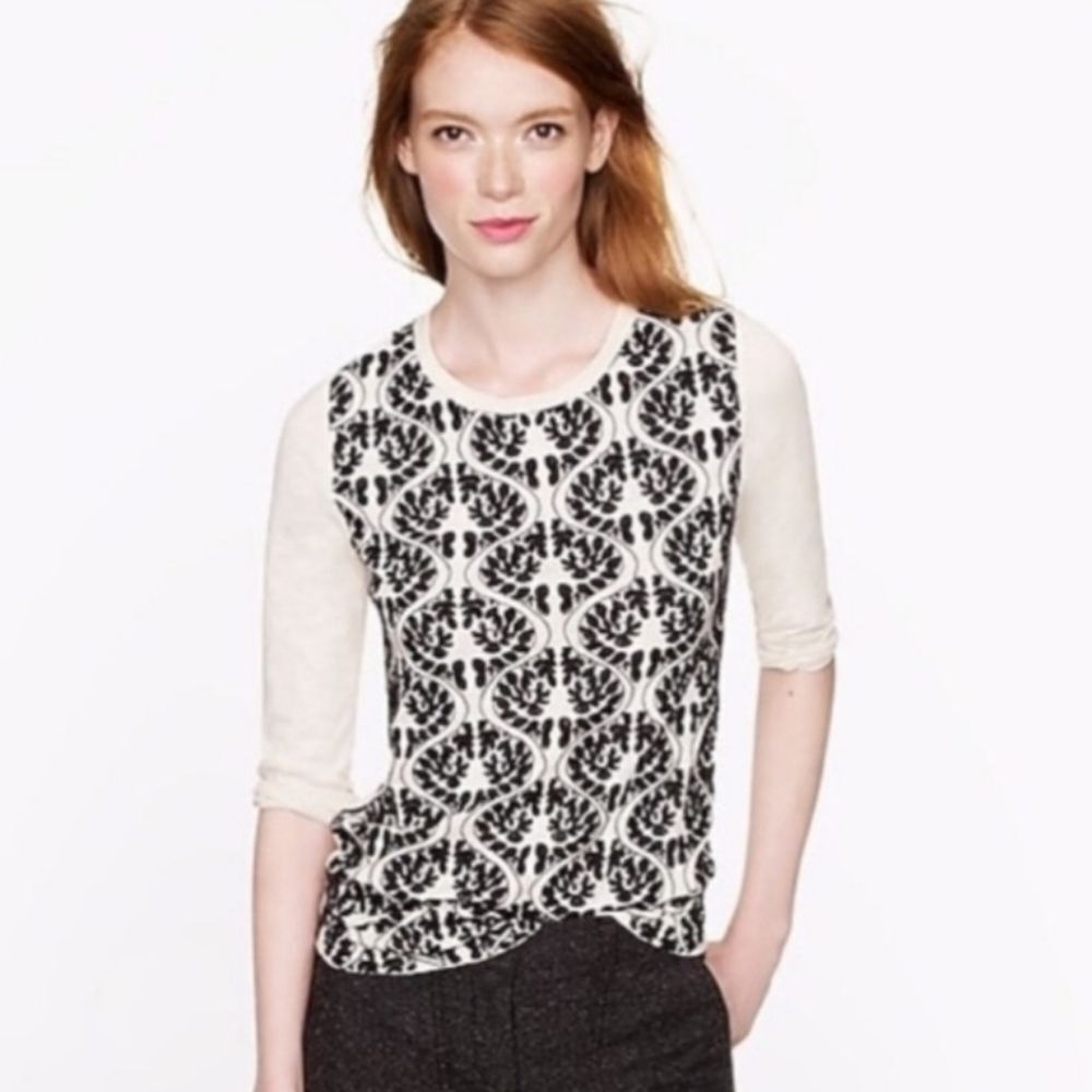 J Crew Factory Cream & Black Boho Floral Embroidered Fitted Knit Sweater Top S